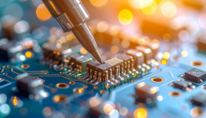 Close-up of a soldering iron tip working on a complex electronic circuit board with many components.