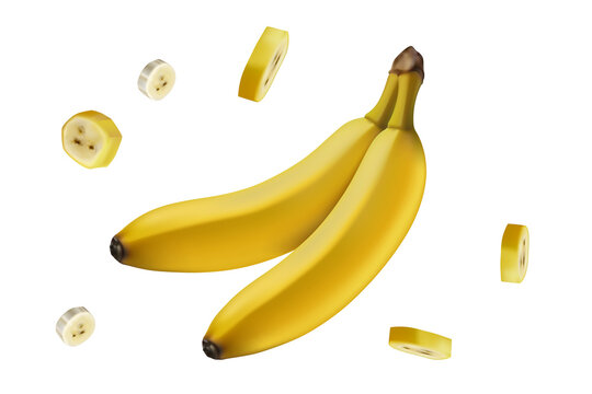 Fresh yellow bananas with flying fruit slices, tropical healthy summer food, organic sweet snack, 3d realistic isolated vector illustration, transparent background