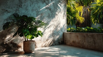 Abstract shadow of palm leaves on a white wall