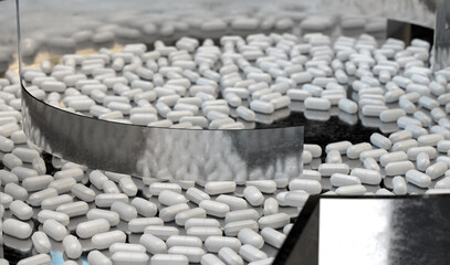 Pharmaceutical manufacturing line at a pharmacy factory. 3D illustration