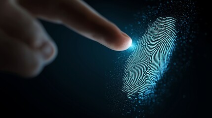 biometric fingerprint scanning with glowing touch on dark background