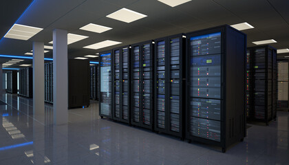 Dark Server Room  with Rows of Server Cabinets