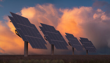 Solar panels with solar tracker on a flowery meadow at sunset