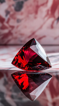 Trilliant cut garnet crystal on a mirrored red background. Gemstone, ornament stone and jewelry concept. Macro product shot for wallpaper, poster, design