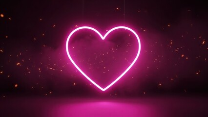 Glowing neon pink heart symbol with sparks and a dark background perfect for romantic themes or