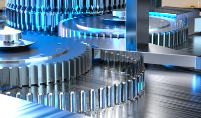 Pharmaceutical manufacturing line for vaccine production. 3d illustration