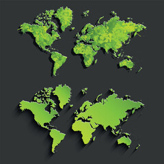A world map cut out of green paper. A set of political maps of the world on a gray
