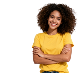 [Transparent Background PNG]Smiling Young Woman with Curly Hair in Yellow T-shirt