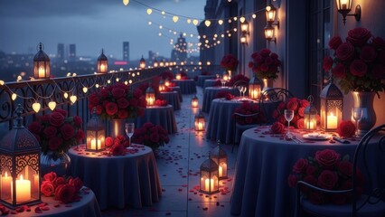 romantic rooftop evening dinner setup with lanterns roses and string lights for special celebration