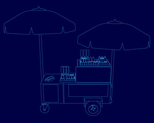 A blue hot dog cart with two umbrellas is stocked with bottles and condiments, presented as a clean contour graphic against a dark blue background.