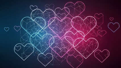 futuristic glowing neon hearts interconnected in a vibrant digital network art piece
