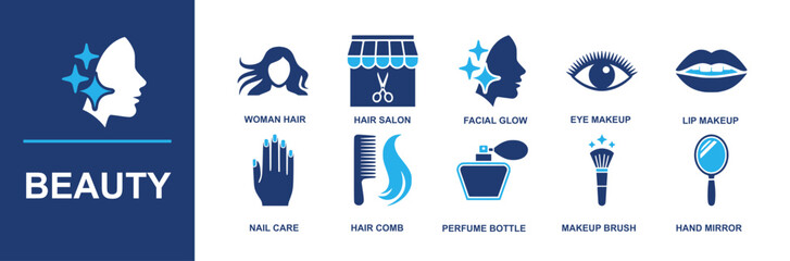 Beauty icon set. Containing woman hair, hair salon, facial glow, eye makeup, lip makeup, nail care, hair comb, perfume bottle, makeup brush, hand mirror and more. Solid vector icons