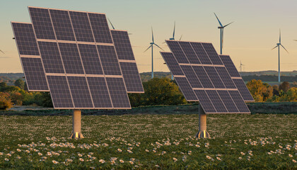Solar panels with solar tracker on a flowery meadow at sunset