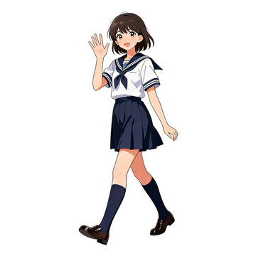 [Transparent Background PNG]Japanese school girl in sailor uniform waving hand