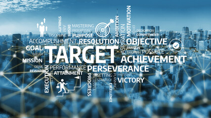 A stunning city skyline illustrates key terms related to achievement and motivation, emphasizing...