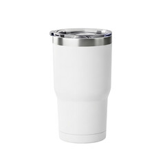 White insulated tumbler with silver lid and clear plastic top isolated on transparent background