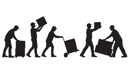 Silhouette of men moving boxes in dynamic motion with black and white contrast for logistics illustration