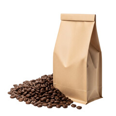 Freshly roasted coffee beans spilling from brown paper bag isolated on transparent background