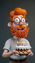 3d Cartoon Character of Cheerful Man Carrying Birthday Cake