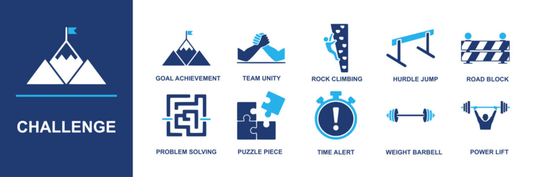 Challenge icon set. Containing goal achievement, team unity, rock climbing, hurdle jump, road block, problem solving, puzzle piece, time alert, weight barbell, power lift and more. Solid vector icons