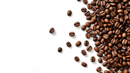 Obraz premium Composition of coffee beans on the right border with white copy space