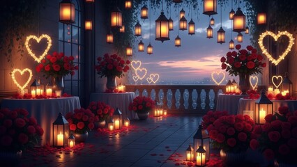 romantic evening setup with hanging lanterns illuminated candles and red roses on balcony