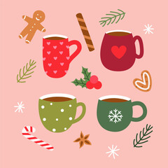 A cozy winter set of vector images of drinks and sweets, done in a hand-drawn style.