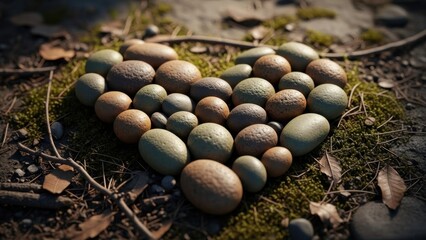 Heart-Shaped Arrangement of Rounded Stones on Natural Forest Floor with Leaves and Moss