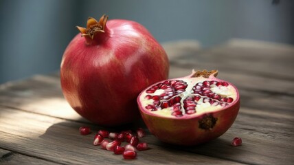 Fresh pomegranate displayed on wooden surface