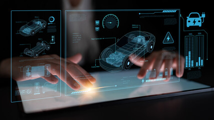 Technical layout of electric vehicle showing battery system, power control, traction motor, charging interface, and integration with renewable and smart energy sources Latch