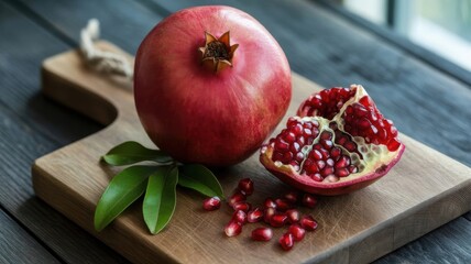 Fresh pomegranate on a wooden board