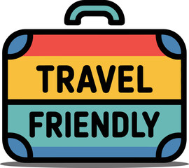 A colorful suitcase with 'TRAVEL FRIENDLY' written on it.
