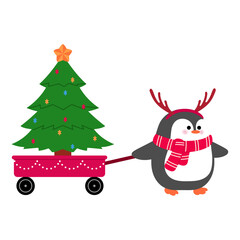 a penguin carrying a Christmas tree in his cart