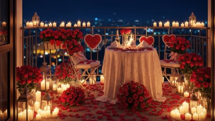 romantic candlelit dinner setup on a balcony decorated for love celebration