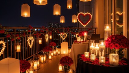 romantic candlelit dinner setup on a balcony with hearts and glowing lights at night