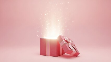 Delicate pink gift box with a satin ribbon and sparkling lights on a soft pastel pink background