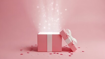 Delightful pink gift box with a white ribbon and sparkles on a pastel pink background perfect for