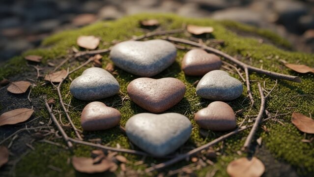 arrangement of smooth river rocks forming a heart shape on mossy ground surrounded by dried leaves - Powered by Adobe