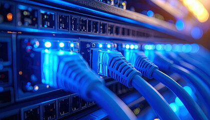 Close-up of blue network cables plugged into a glowing network switch in a data center.