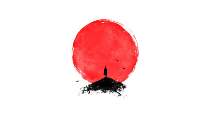Obraz premium Solitary Figure Gazing at Red Sun Minimalist Conceptual Art Graphic