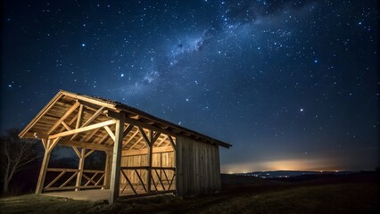 Wooden Stable at Dark Blue Starry Night, Jesus Christ Birth