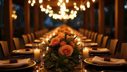 Elegant dinner table with candles and roses