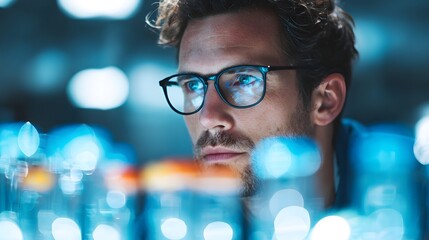 Man Wearing Glasses Focused on Digital Data Display.