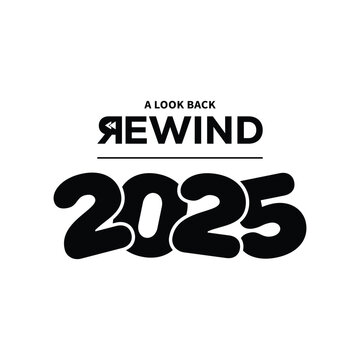 Minimal &ldquo;A Look Back Rewind 2025&rdquo; typography design in bold black on white background, modern text layout ideal for year in review content, recap videos, social media posts, and editorial projects.