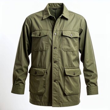 Isolated olive green safari jacket on white background for versatile outfitting