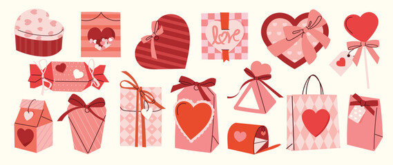 Valentine's Day gift box and chocolate vector illustration with heart shapes ribbons and love elements. Romantic hand drawn design for greeting cards packaging stickers and holiday decoration.