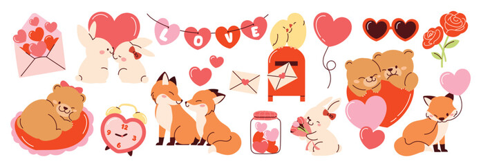 Fototapeta premium Valentine's Day cute animal couple vector illustration with bunny rabbit bear fox bird and heart love elements. Romantic hand drawn design for greeting cards invitations stickers packaging and social 