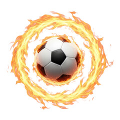 Fototapeta premium Soccer ball surrounded by ring of fire isolated on transparent background