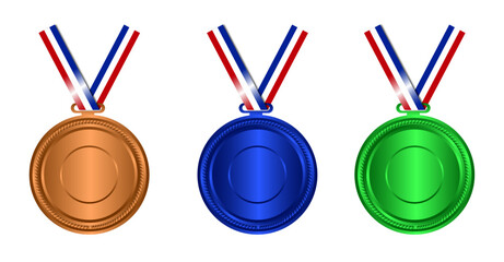 Three Bronze, Blue, and Green achievement medals with concentric ring designs and red white blue ribbons, symbolizing competition awards or recognition