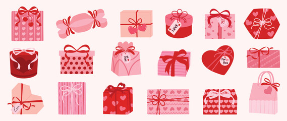 Valentine's Day gift box and chocolate vector illustration with heart shapes ribbons and love elements. Romantic hand drawn design for greeting cards packaging stickers and holiday decoration.